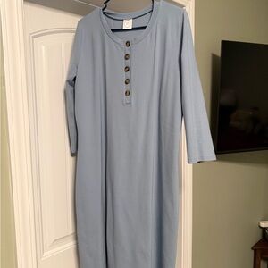 Blue 3/4 Long Sleeve Dress with Button Detail — hits below the knee